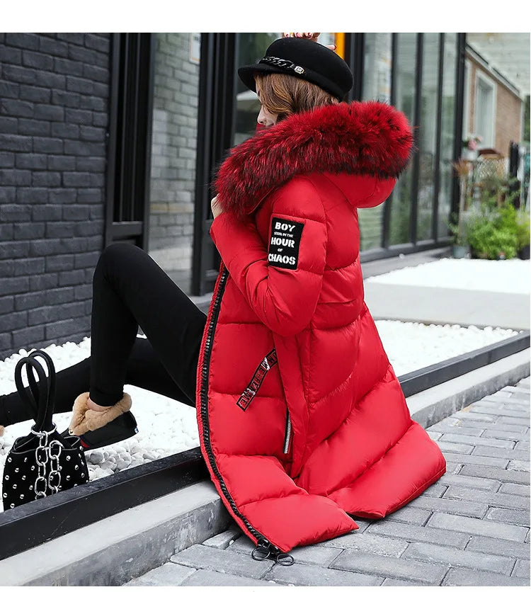 2024 Women's Down Parkas Winter Jacket Big Fur Collar Thick Slim Coat Fashion Hooded Cotton Outerwear Long Autumn Woman Jacket