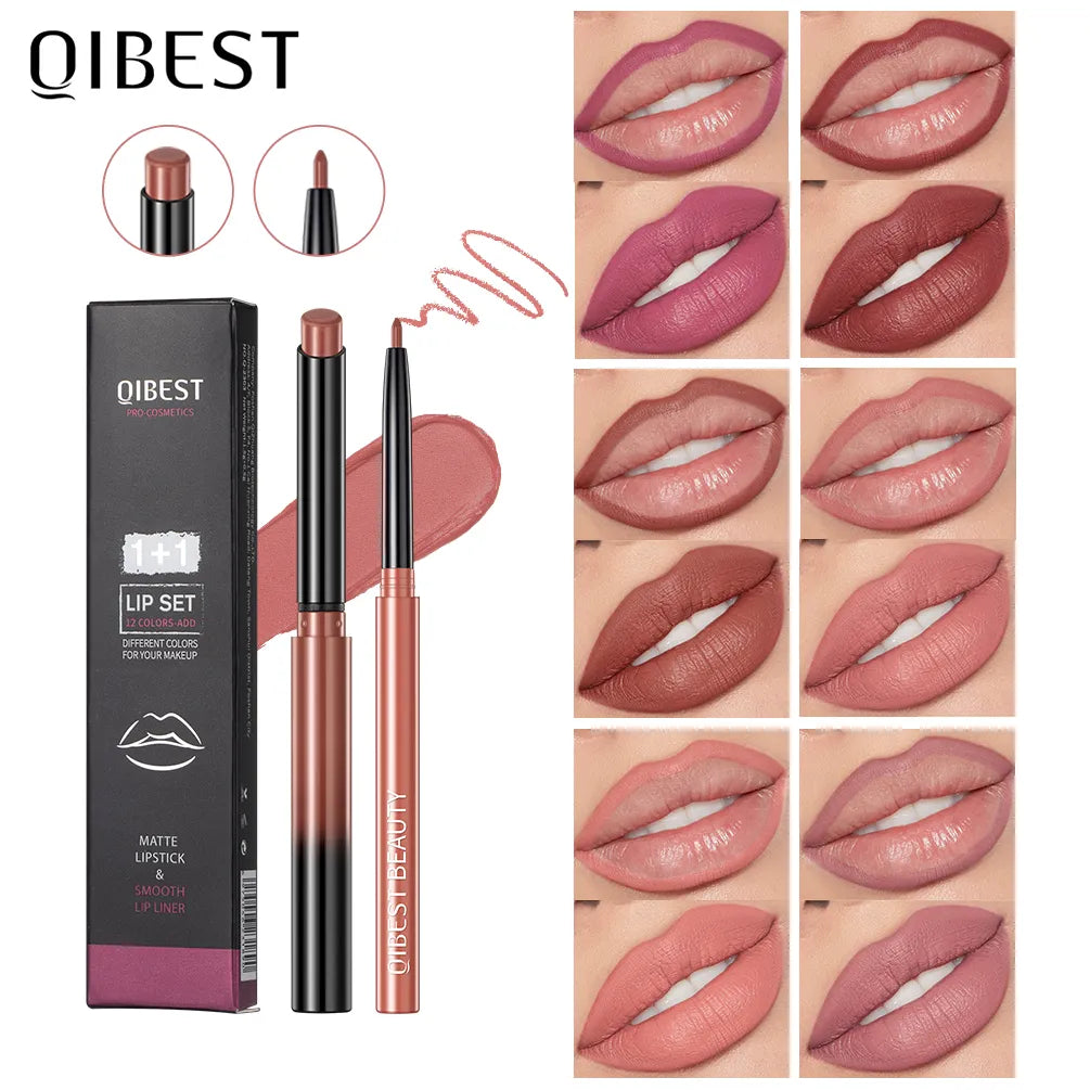 QIBEST 2-piece Lipstick Lipliner Set: Matte Velvet Lip Liner Pencil for Contour Makeup, Red Lipstick with Long-Lasting Cosmetics