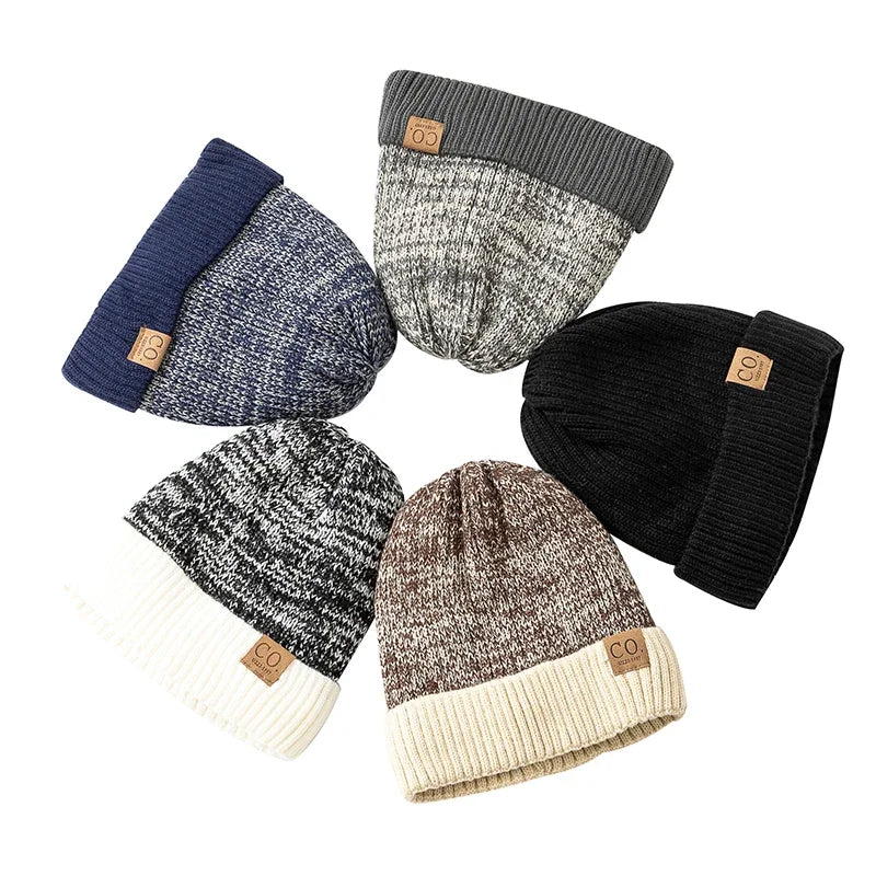 New Unisex Two-Tone Winter Hats Add Fur Lined Men And Women Fashion Warm Beanie Cap Casual Winter Knitted Hats