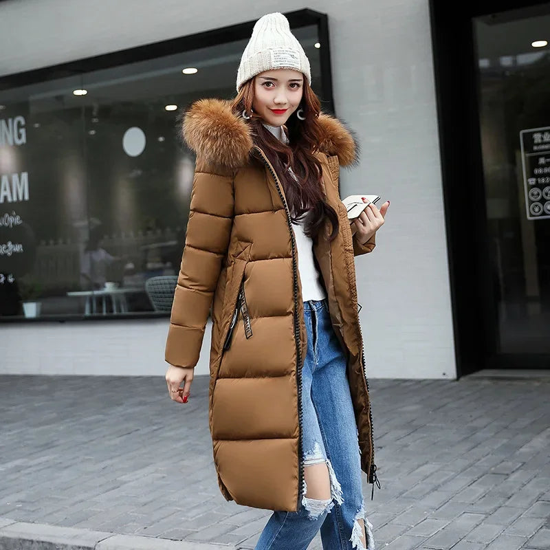 2024 Women's Down Parkas Winter Jacket Big Fur Collar Thick Slim Coat Fashion Hooded Cotton Outerwear Long Autumn Woman Jacket