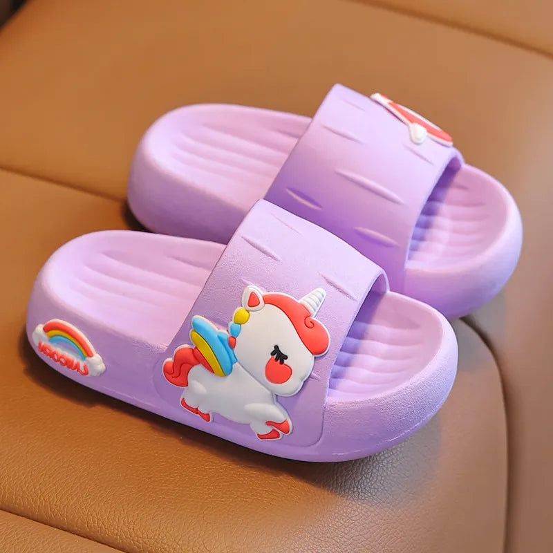 Summer flip flops for kids featuring cartoon unicorn designs, anti-slip thick soles, suitable for children aged 2-8.