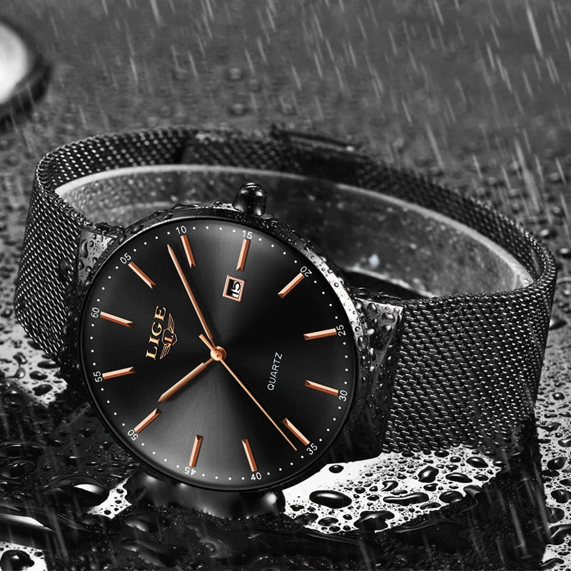 LIGE Men's Fashion Ultra Thin Waterproof Quartz Wristwatch with Date Display for Business