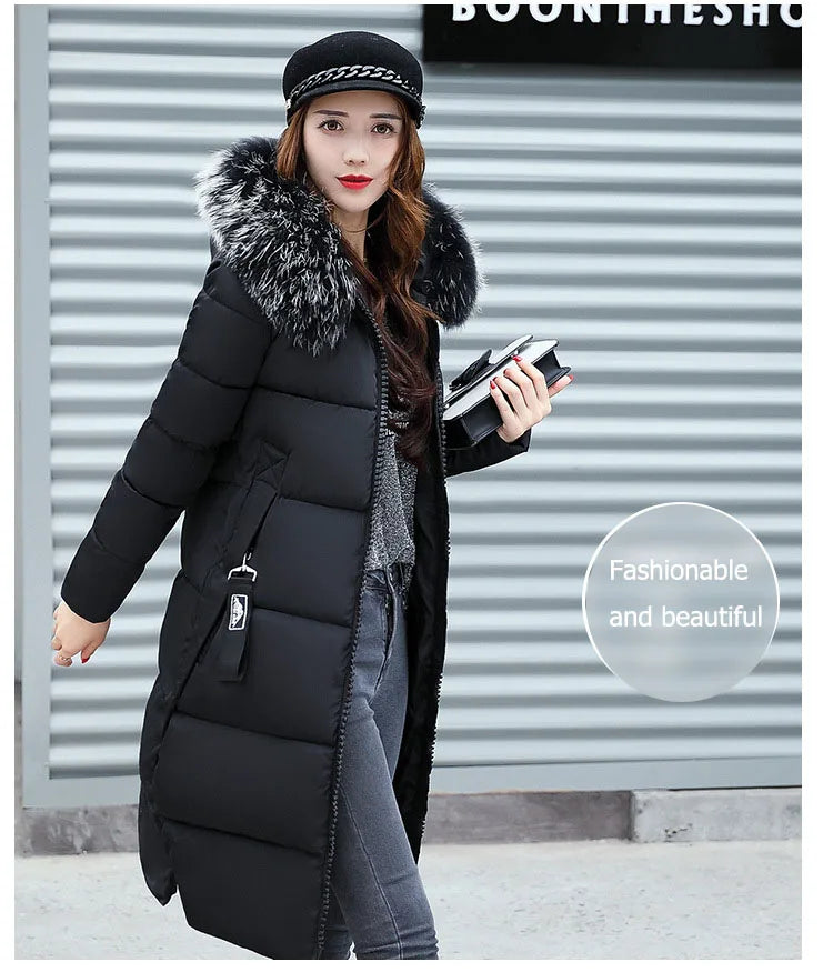 2024 Women's Down Parkas Winter Jacket Big Fur Collar Thick Slim Coat Fashion Hooded Cotton Outerwear Long Autumn Woman Jacket