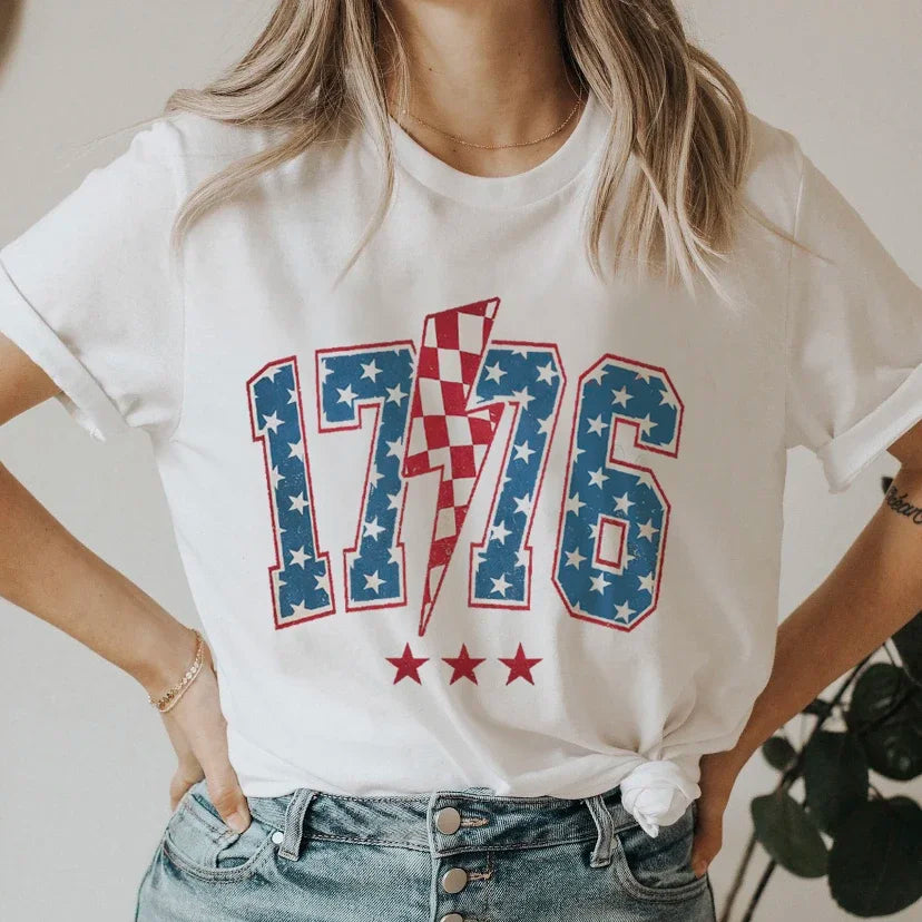 Short Sleeved 1776 America 4th Of July Women's Printed Top T-Shirt Women's 90s Summer O-Neck Fashion T-Shirt Pattern T-Shirt.