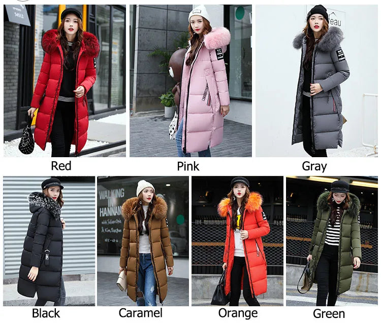 2024 Women's Down Parkas Winter Jacket Big Fur Collar Thick Slim Coat Fashion Hooded Cotton Outerwear Long Autumn Woman Jacket