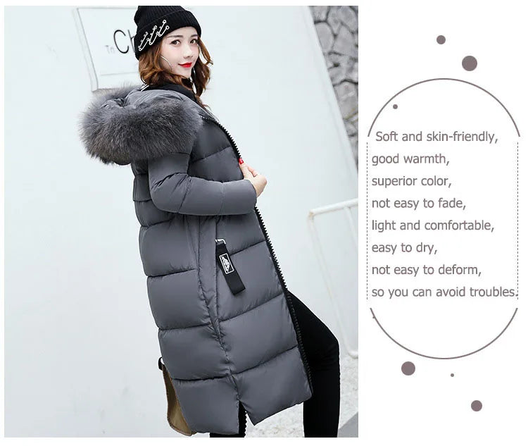 2024 Women's Down Parkas Winter Jacket Big Fur Collar Thick Slim Coat Fashion Hooded Cotton Outerwear Long Autumn Woman Jacket