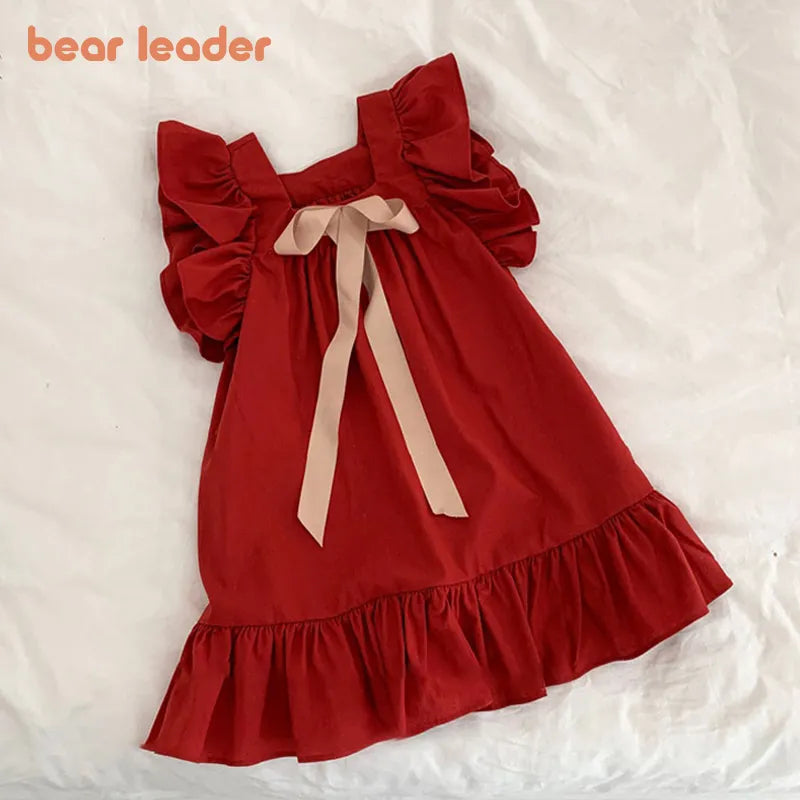 Bear Leader Summer Girls Dresses Flying Sleeve Dress Casual Ruffled Dresses Solid Back Bowknot A Line Baby Dresses Kids Clothes