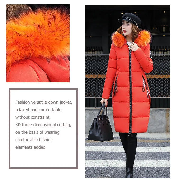 2024 Women's Down Parkas Winter Jacket Big Fur Collar Thick Slim Coat Fashion Hooded Cotton Outerwear Long Autumn Woman Jacket