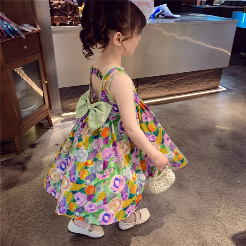 Humor Bear Kids Clothes Oil Painting Wind Dress Sweet Princess Skirt Floral Sundress Back Bow Princess Dress Girl Dress For 3-7Y