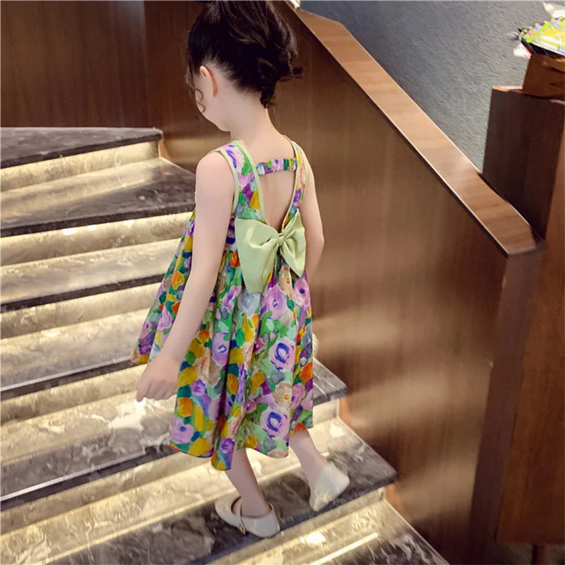 Humor Bear Kids Clothes Oil Painting Wind Dress Sweet Princess Skirt Floral Sundress Back Bow Princess Dress Girl Dress For 3-7Y