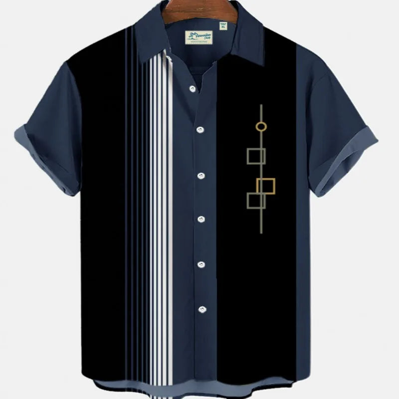 Men's Striped Elegant Blouse with Colorful Print, Ideal for Casual or Social Events. Featuring Short Sleeves and Oversized Fit, Complete with Fashionable Cufflinks