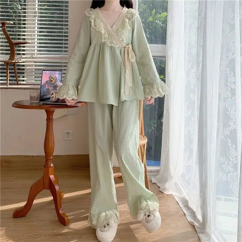 New V-neck Tied Pajama Set for Women Spring Autumn Tops Long Sleeved Pants Lace Lace Pajamas