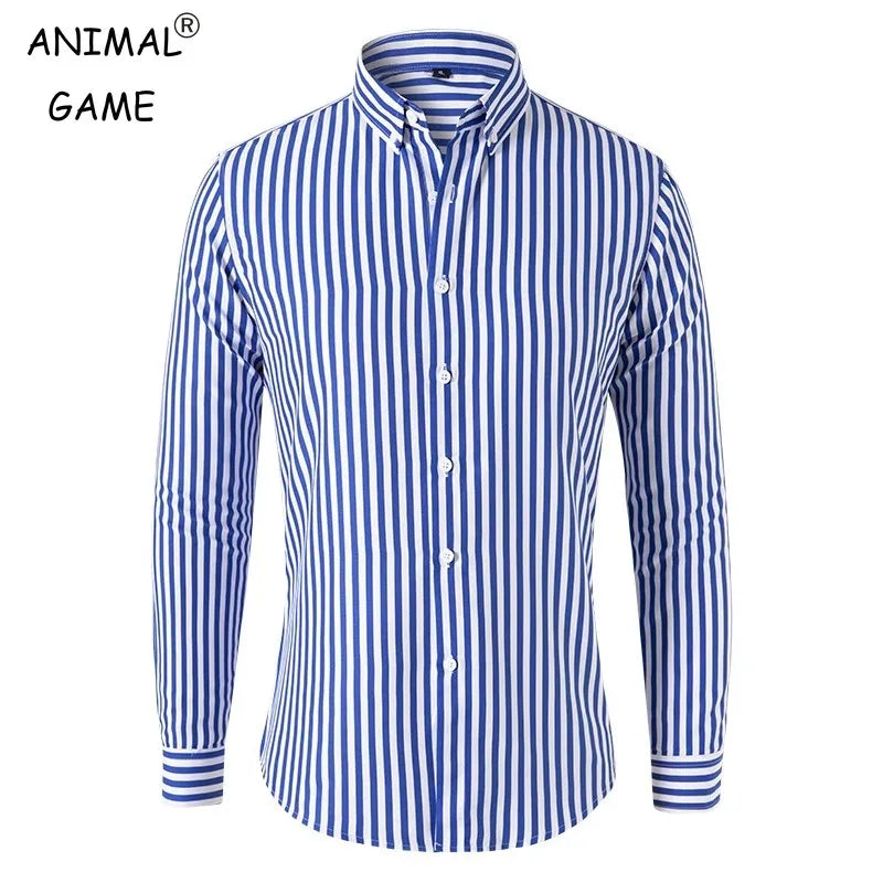 Korean Long Sleeve Striped Shirt Men Clothing Simple Slim Business Casual Blouse Homme Men Shirts Sweatwear