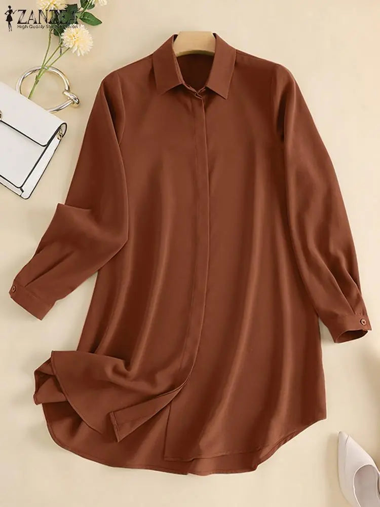 Fashion Women Muslim Shirt ZANZEA Spring Elegant Long Sleeve Solid Blouse Marocain Eid Mubarek Ramadan Turkey Tops Abaya Blusas