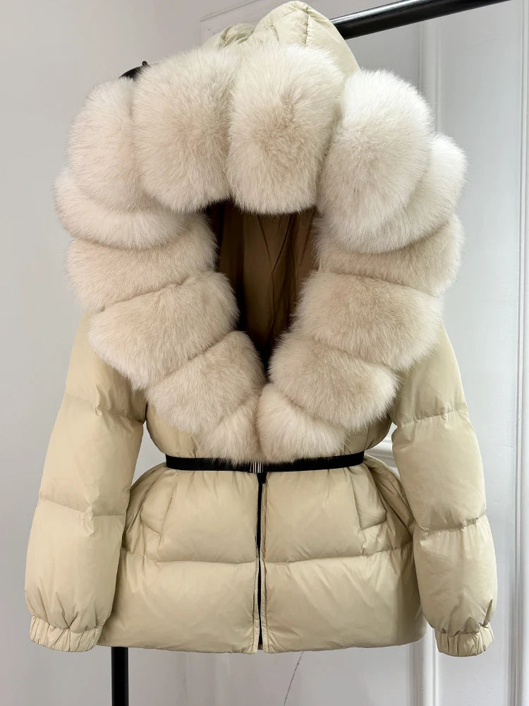 Janveny 2024 Winter Puffer Jacket Women Real Fox Fur Hooded Thick Warm 90% White Duck Down Coat Female Parkas Waterproof