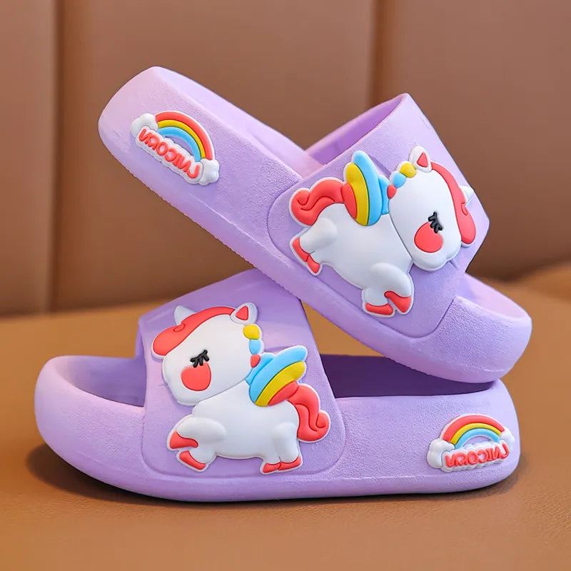 Summer flip flops for kids featuring cartoon unicorn designs, anti-slip thick soles, suitable for children aged 2-8.