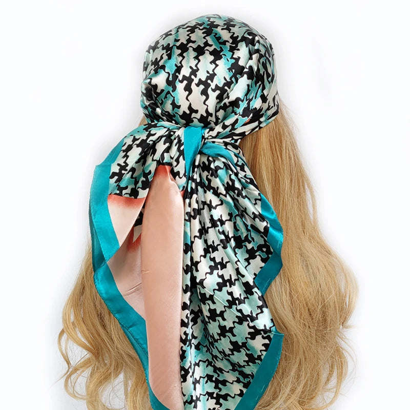 New 90x90cm silk scarf for women, versatile for all seasons. Elevate your style with this vintage-inspired headwrap, also suitable as a hair scarf, hijab, or bandana