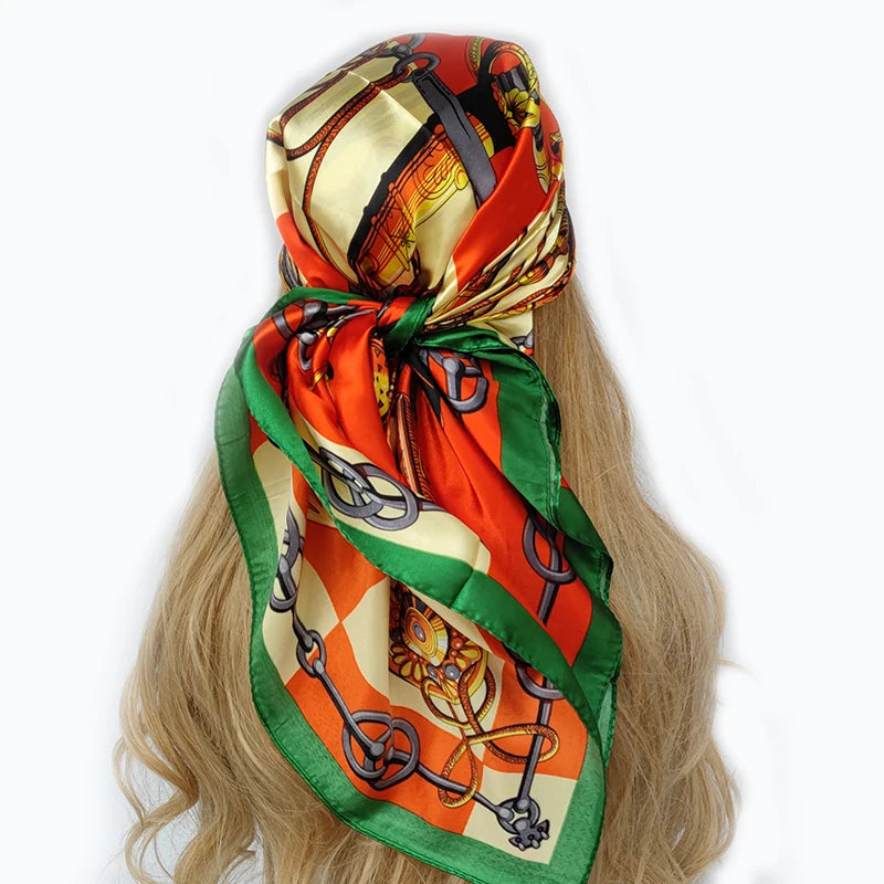 New 90x90cm silk scarf for women, versatile for all seasons. Elevate your style with this vintage-inspired headwrap, also suitable as a hair scarf, hijab, or bandana