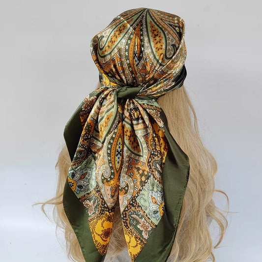 New 90x90cm silk scarf for women, versatile for all seasons. Elevate your style with this vintage-inspired headwrap, also suitable as a hair scarf, hijab, or bandana