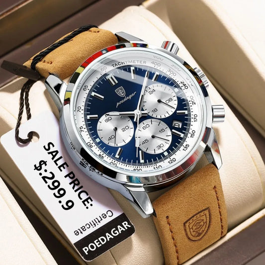 POEDAGAR Luxury Men's Waterproof Chronograph Watch: High-quality leather wristwatch with luminous hands. Casual yet elegant quartz timepiece