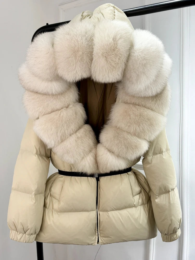 Janveny 2024 Winter Puffer Jacket Women Real Fox Fur Hooded Thick Warm 90% White Duck Down Coat Female Parkas Waterproof