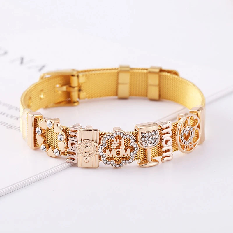 Crystal mom Camera Hollow Love Beads Charm Bracelets DIY Stainless Steel Mesh Belt Bracelet Bangle For Women Men Jewelry Gift