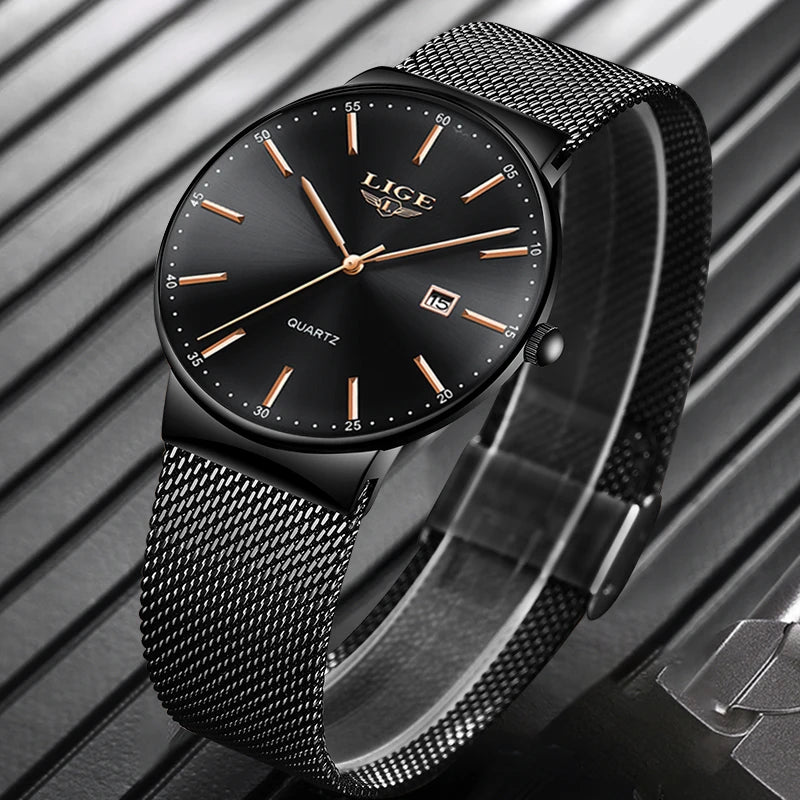 LIGE Men's Fashion Ultra Thin Waterproof Quartz Wristwatch with Date Display for Business