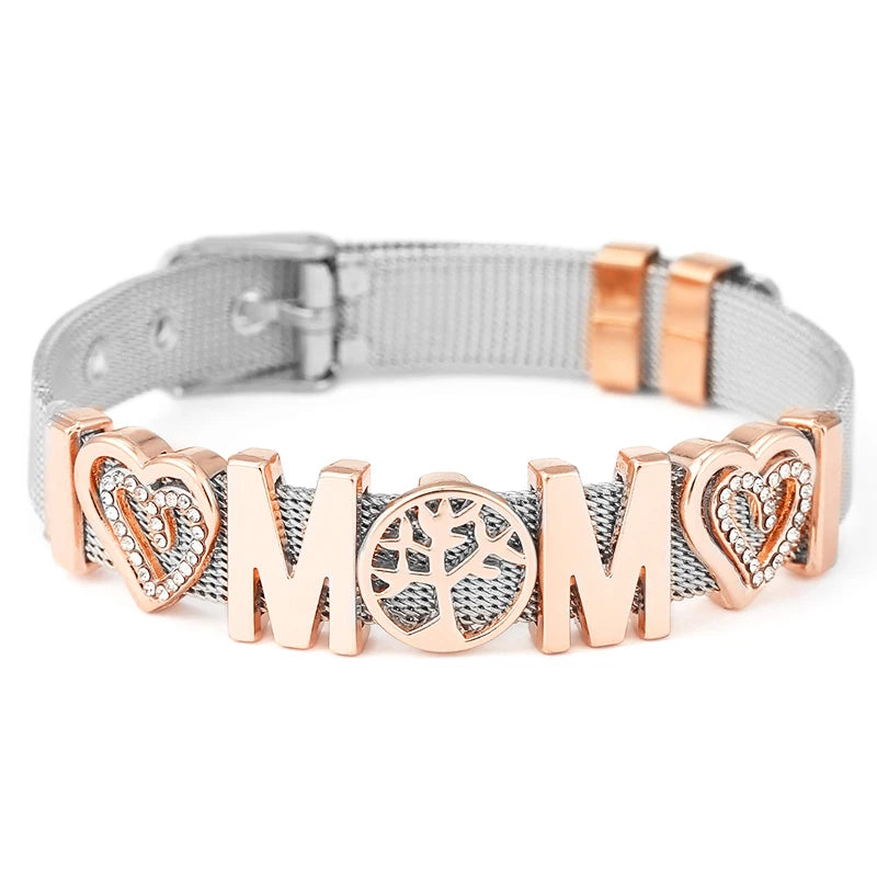 TOGORY Fashion Ladies Stainless Steel Mesh Bracelets Crystal MoM Charms Fine Bracelet Adjustable Bracelet for Mother's Day Gifts