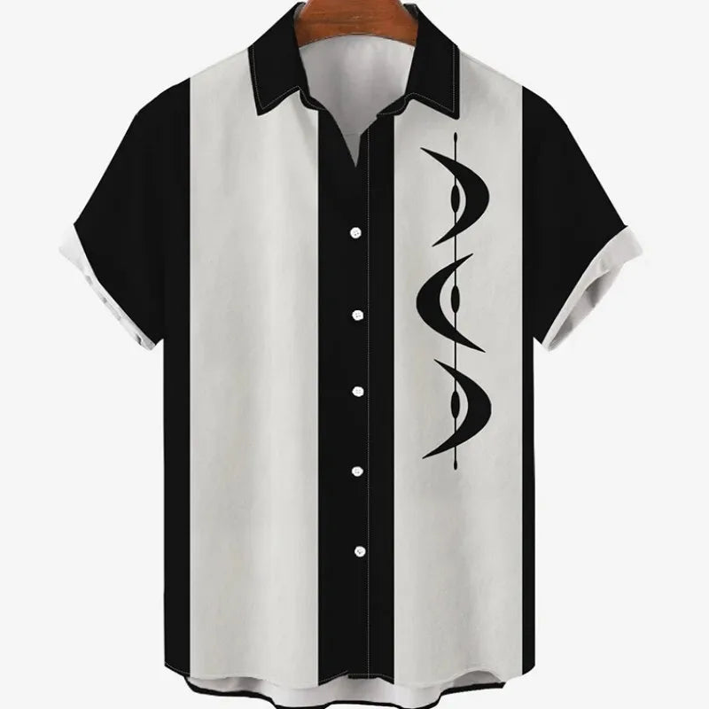 Men's Striped Elegant Blouse with Colorful Print, Ideal for Casual or Social Events. Featuring Short Sleeves and Oversized Fit, Complete with Fashionable Cufflinks