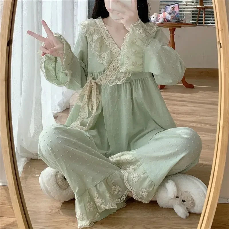 New V-neck Tied Pajama Set for Women Spring Autumn Tops Long Sleeved Pants Lace Lace Pajamas