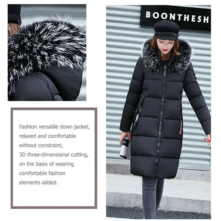 2024 Women's Down Parkas Winter Jacket Big Fur Collar Thick Slim Coat Fashion Hooded Cotton Outerwear Long Autumn Woman Jacket