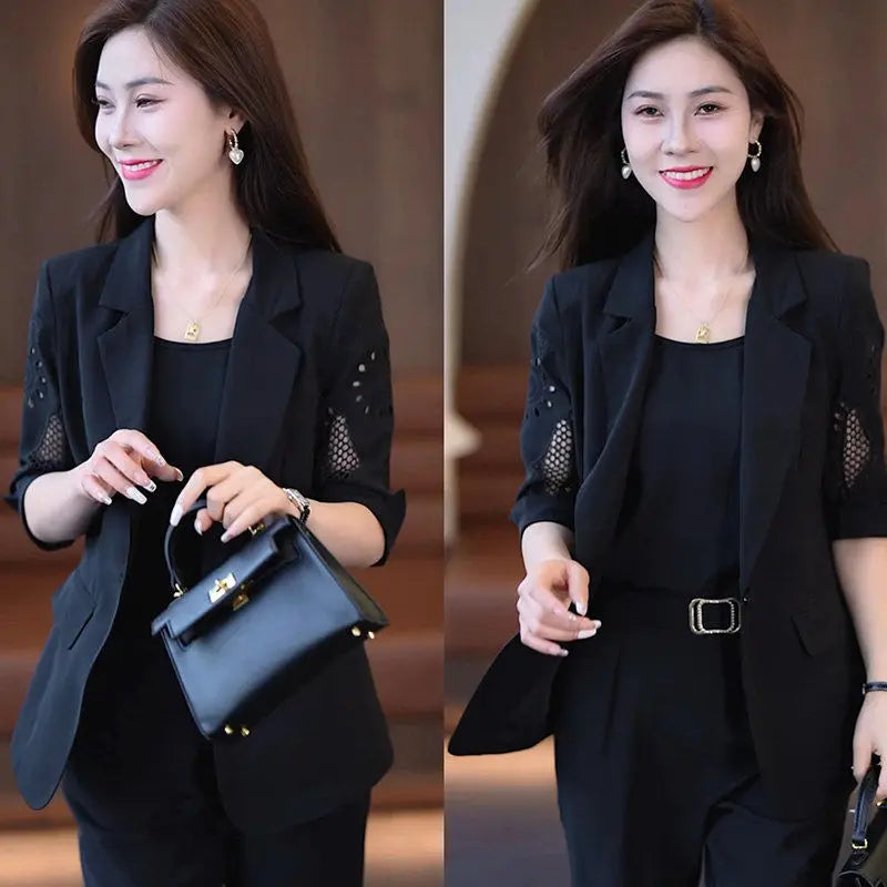 2023 Autumn Fashion: Elegant Vintage Hollow Short Sleeve Jacket and Casual Pants Three-Piece Women's Suit for the Office