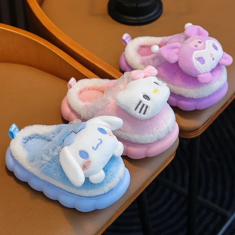 Winter cartoon plush slippers for kids, non-slip with soft sole. Cute design. Ideal for indoor use