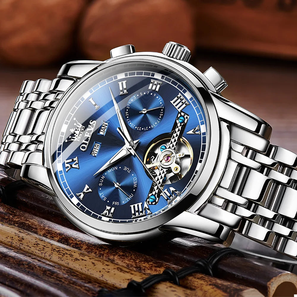 OLEVS Men's Automatic Mechanical Business Wristwatch: Waterproof, Stainless Steel Strap, Skeleton Calendar.