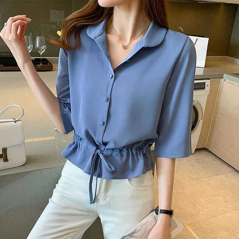 Summer Women All-match Solid Turn-down Collar Half Sleeve Chiffon Shirt Fashion Casual Shirring Single-breasted Blouses Female