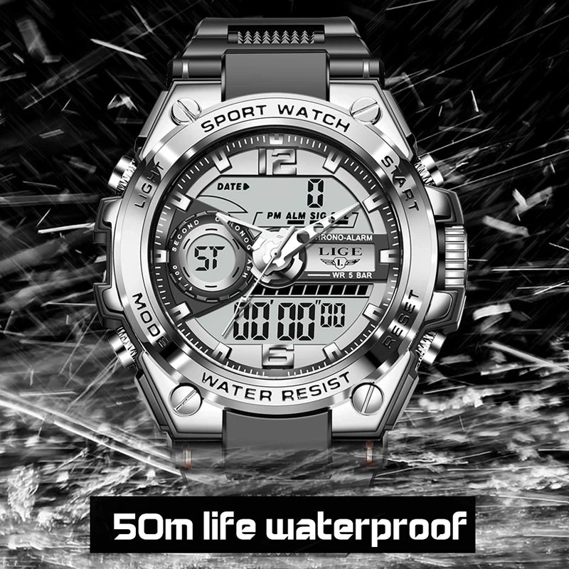 LIGE Digital Men's Military Watch: 50m Waterproof LED Quartz Sport Wristwatch