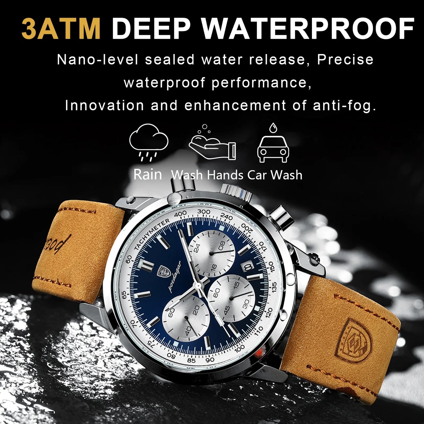 POEDAGAR Luxury Men's Waterproof Chronograph Watch: High-quality leather wristwatch with luminous hands. Casual yet elegant quartz timepiece