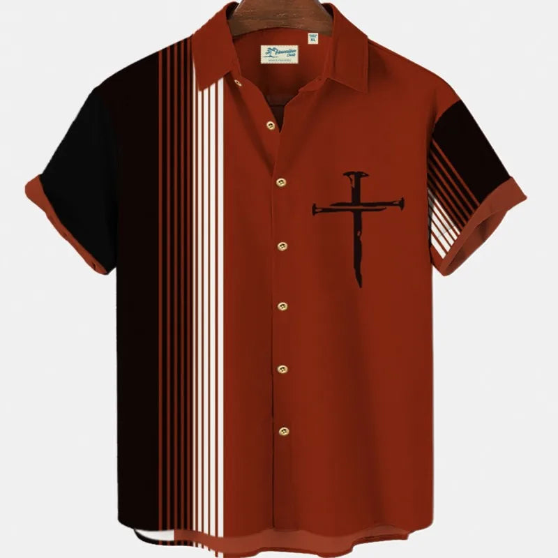 Men's Striped Elegant Blouse with Colorful Print, Ideal for Casual or Social Events. Featuring Short Sleeves and Oversized Fit, Complete with Fashionable Cufflinks