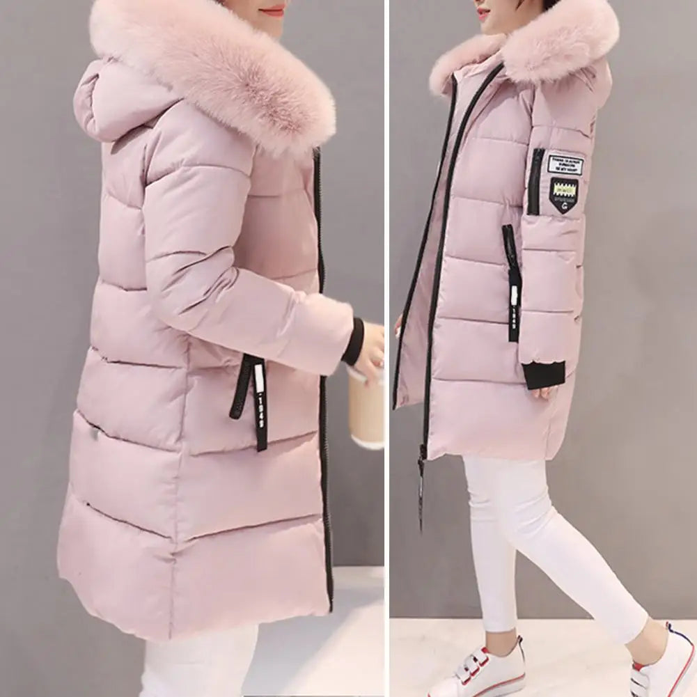 Women Winter Cotton Coat Hooded Mid Length Outerwear Windproof Warm Long Sleeve Jacket Solid Color Slim Fit Lady Down Coat