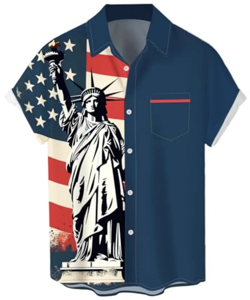 WHO IN SHOP Men's 4th of July Shirts American Flag Patriotic Shirts Short Sleeve Button Up USA Memorial Day Shirts