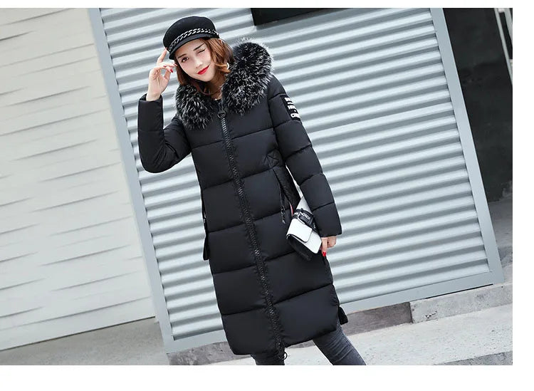 2024 Women's Down Parkas Winter Jacket Big Fur Collar Thick Slim Coat Fashion Hooded Cotton Outerwear Long Autumn Woman Jacket