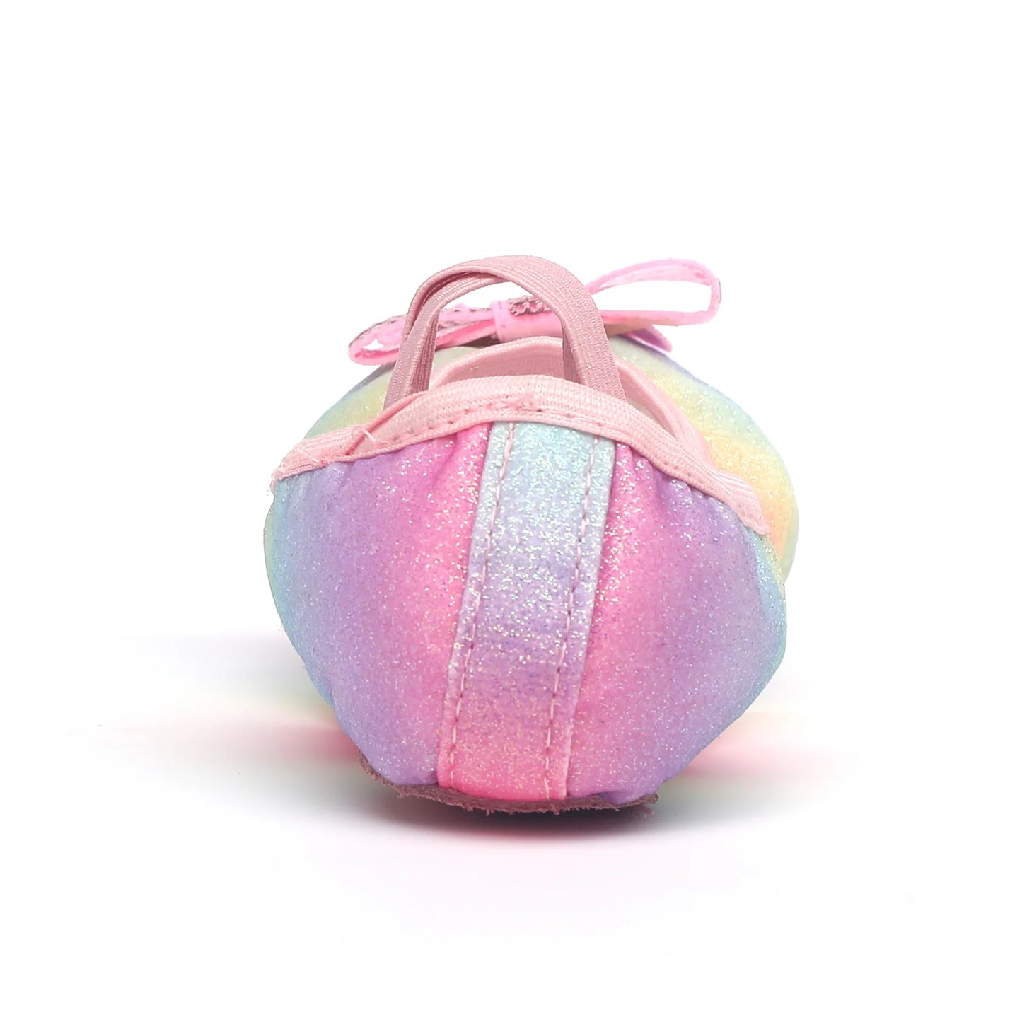 Colorful ballet shoes for girls with soft soles, featuring a shiny rainbow design, cat claw detailing, and a bow. Ideal for children's performances. Enjoy free shipping