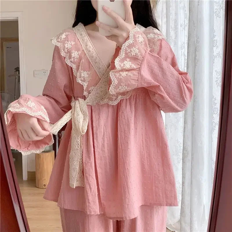 New V-neck Tied Pajama Set for Women Spring Autumn Tops Long Sleeved Pants Lace Lace Pajamas