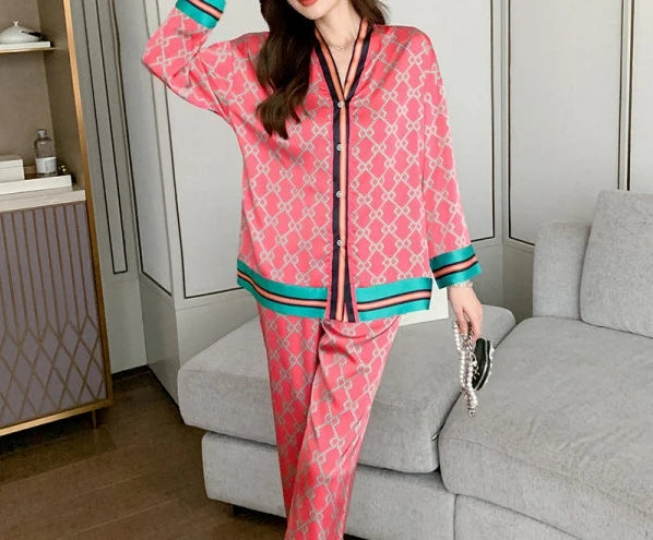 Ladies Pajamas Spring Autumn Faux Silk Pajama Sets Long Sleeve Cardigan Sleepwear Luxury Women's Pijamas Fashion Pyjamas