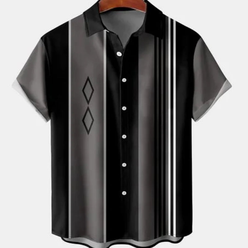 Men's Striped Elegant Blouse with Colorful Print, Ideal for Casual or Social Events. Featuring Short Sleeves and Oversized Fit, Complete with Fashionable Cufflinks