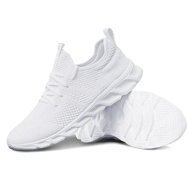 Men's casual sport sneakers in white and black, perfect for outdoor activities such as running, jogging, and tennis, offering breathability and lightweight comfort