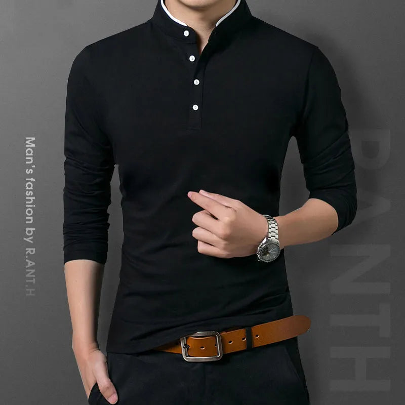 Men's Business Casual Polo Long Sleeve Shirt: Summer Comfortable and Breathable Solid Cotton Top