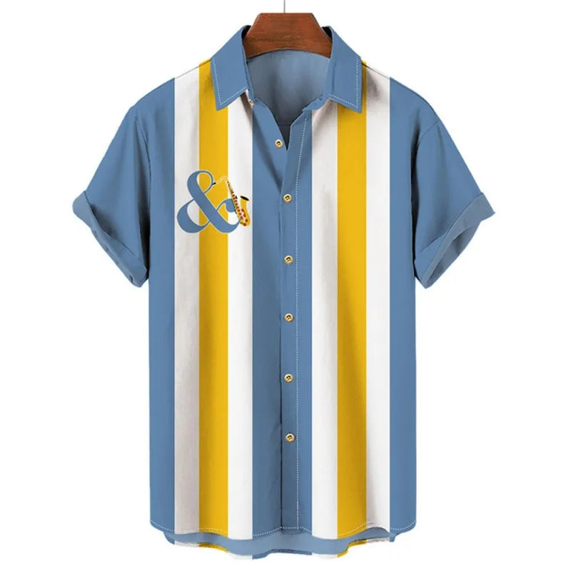 Men's Striped Elegant Blouse with Colorful Print, Ideal for Casual or Social Events. Featuring Short Sleeves and Oversized Fit, Complete with Fashionable Cufflinks