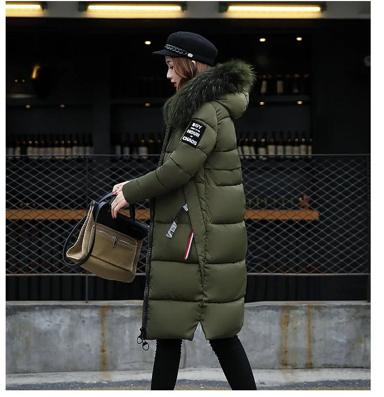 2024 Women's Down Parkas Winter Jacket Big Fur Collar Thick Slim Coat Fashion Hooded Cotton Outerwear Long Autumn Woman Jacket