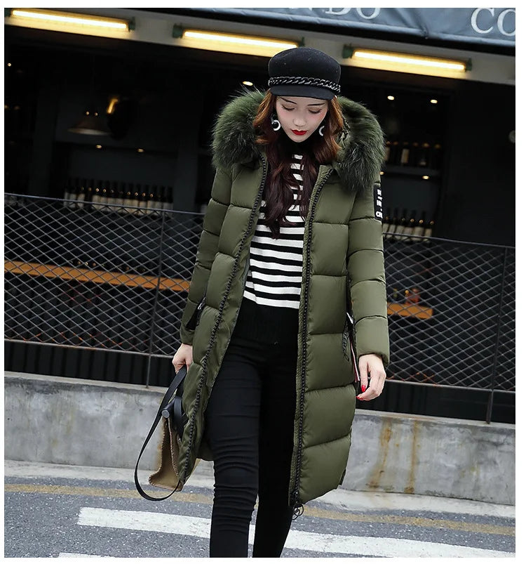 2024 Women's Down Parkas Winter Jacket Big Fur Collar Thick Slim Coat Fashion Hooded Cotton Outerwear Long Autumn Woman Jacket